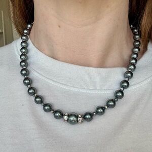Gunmetal Gray Pearl Beaded Necklace with Rhinestone Accents